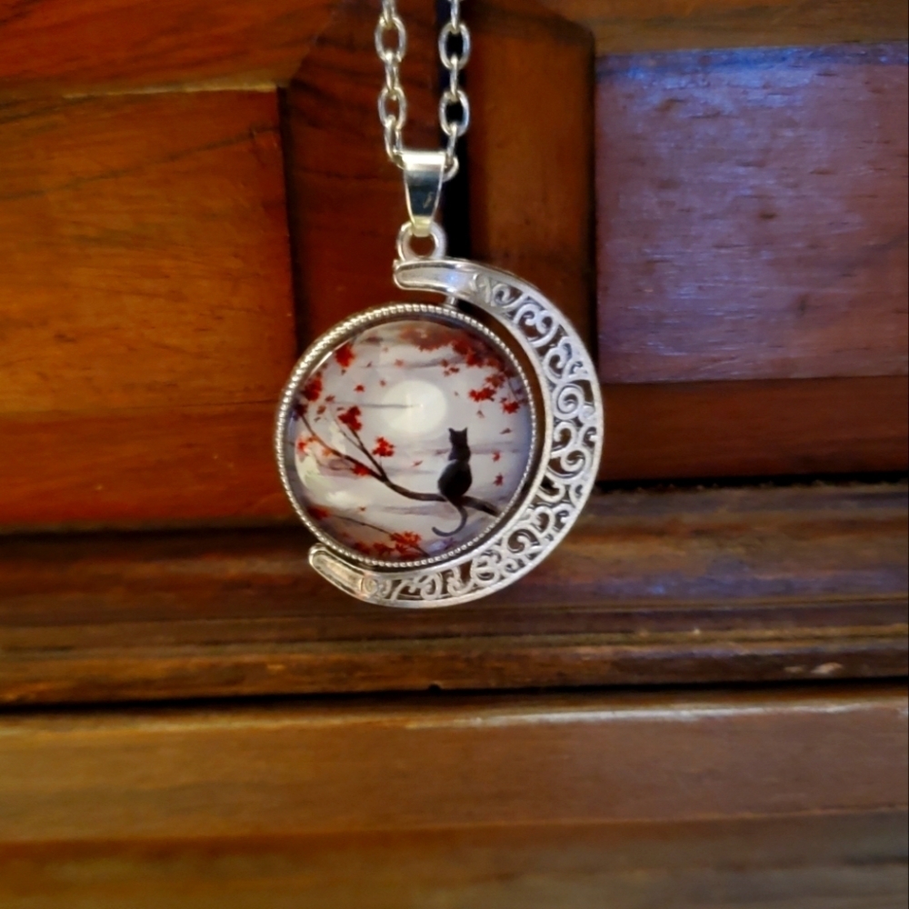 Crescent Moon with A Black Cat Pendant Necklace